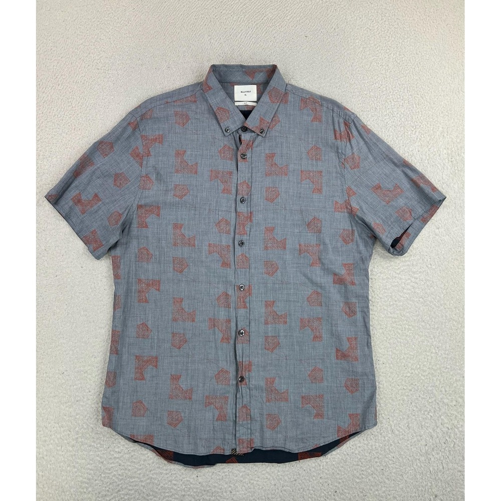 Billy Reid Shirt Mens XL Gray Geometric Short Sleeve Button Up Casual Italy